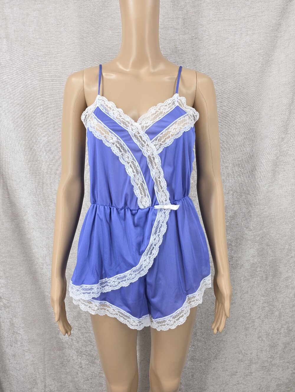 Vintage 80s Periwinkle Teddy Romper with White Lace Lingerie Coquette Girl
